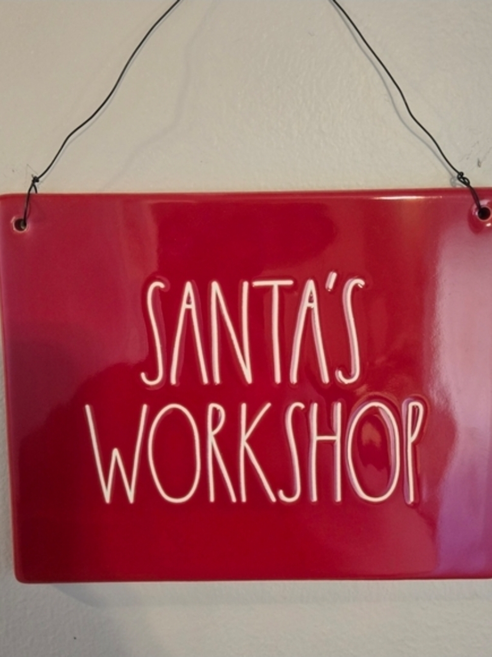Rae Dunn Red and White Santa's Workshop Hanging Sign